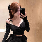Fake Two-piece Lace-panel Off-shoulder Long-sleeve T-shirt