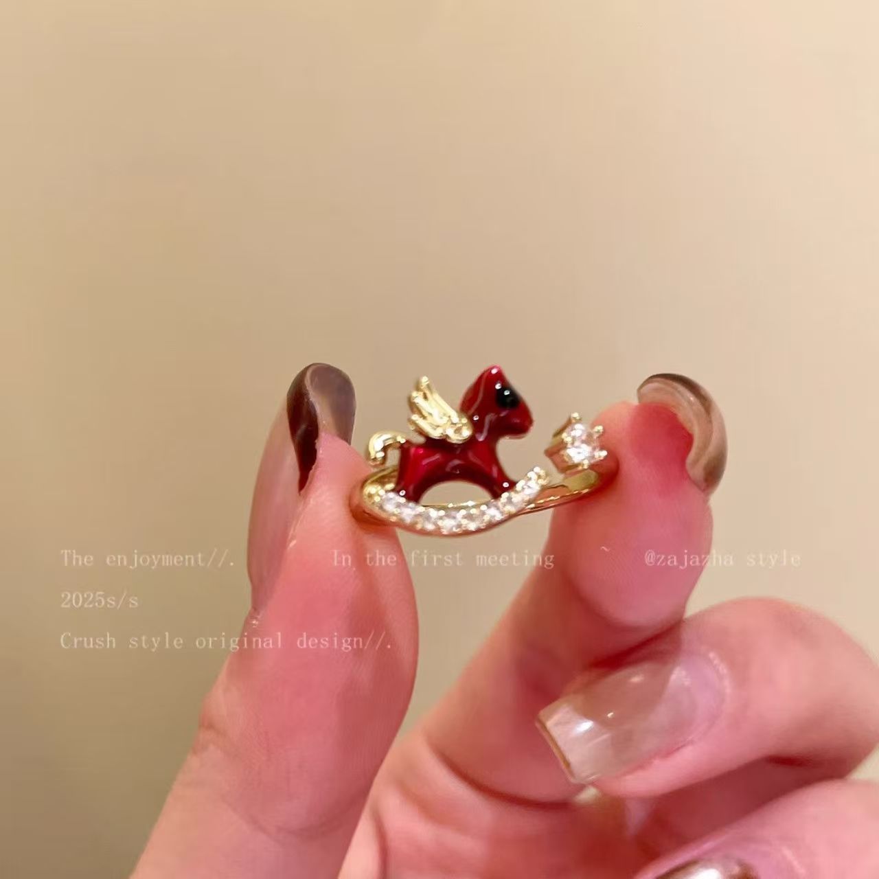 Wearsmartii Women'S Sweet Red Enamel Pony Ring With Sparkling Diamonds