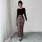 Womens Leopard-Print Patchwork High-Waist Bodycon Split Skirt