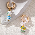 Wearsmartii Blue and White Porcelain Floral Pearl Earrings - Vintage Copper Clip-on Ear Clips