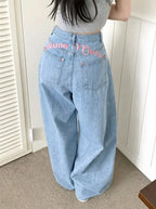Letter-embroidered Printed High-waist Slimming Straight-leg Jeans
