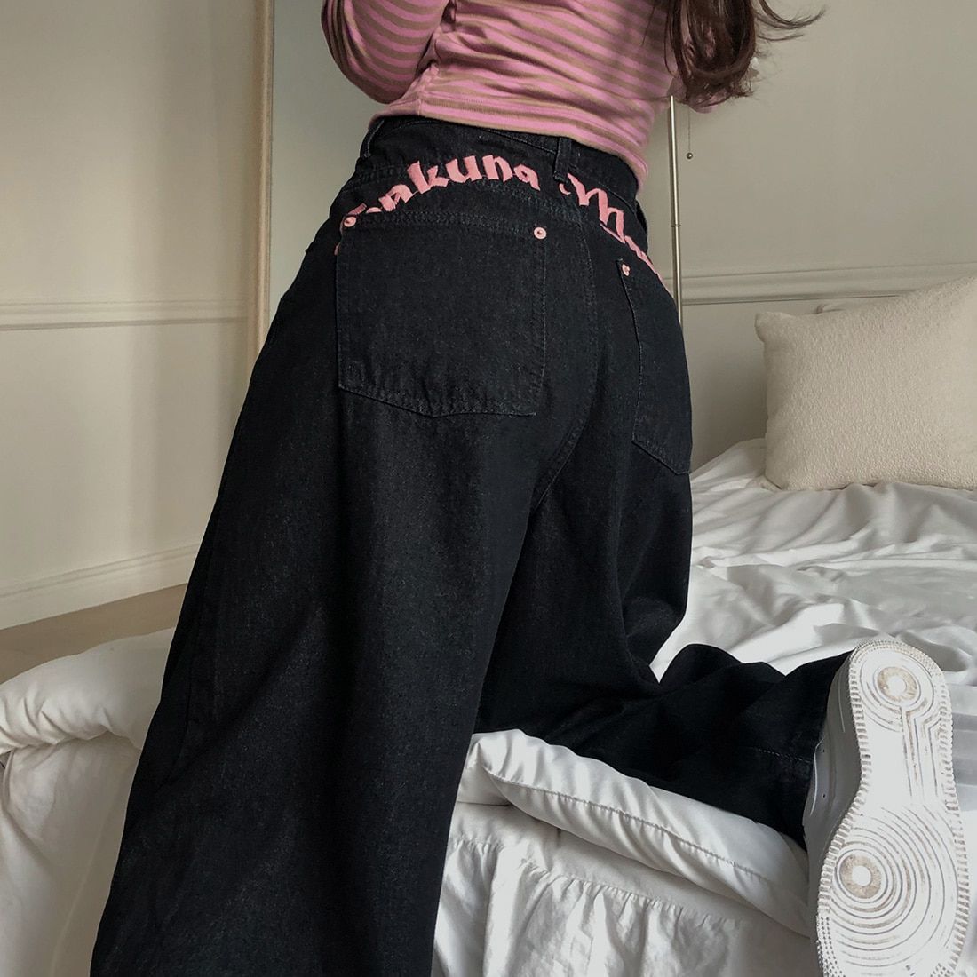 Letter-embroidered Printed High-waist Slimming Straight-leg Jeans