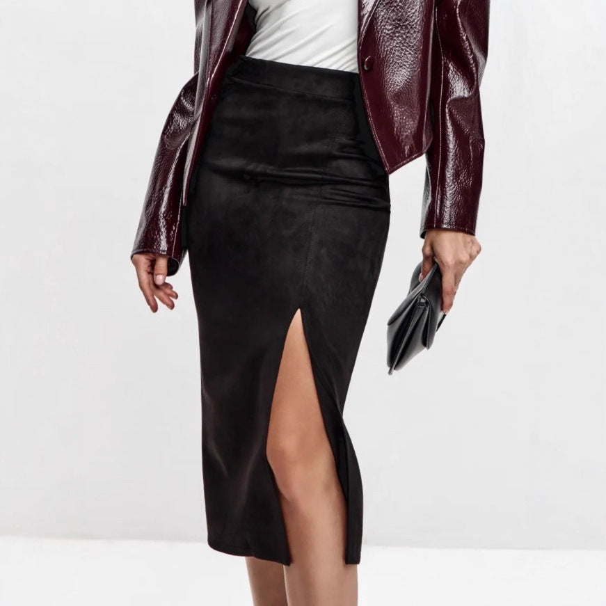 Mid-length Suede-look Skirt For Spring And Autumn