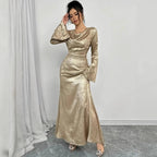 WEARSMARTII New Sexy Gold-dusted Evening Dress With Long Sleeves