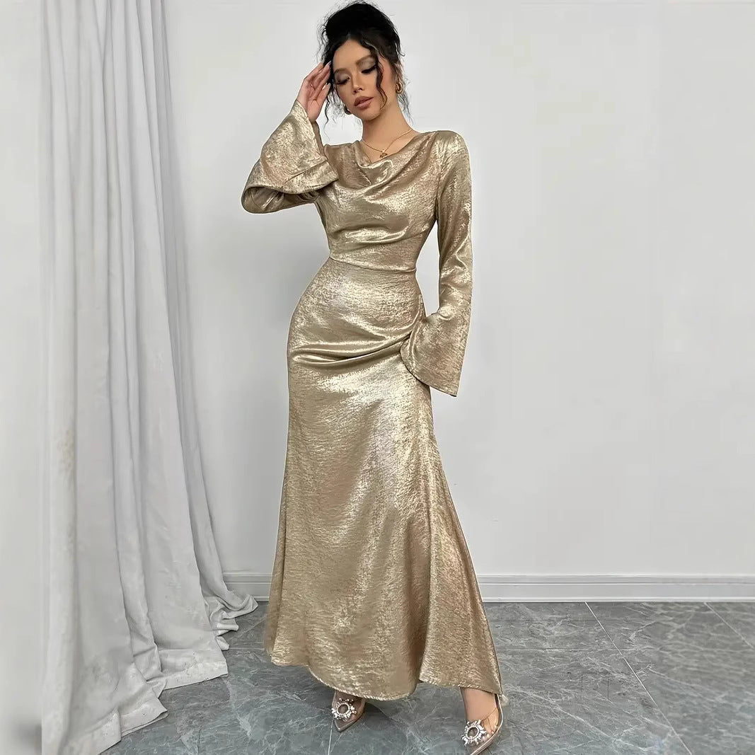 WEARSMARTII New Sexy Gold-dusted Evening Dress With Long Sleeves