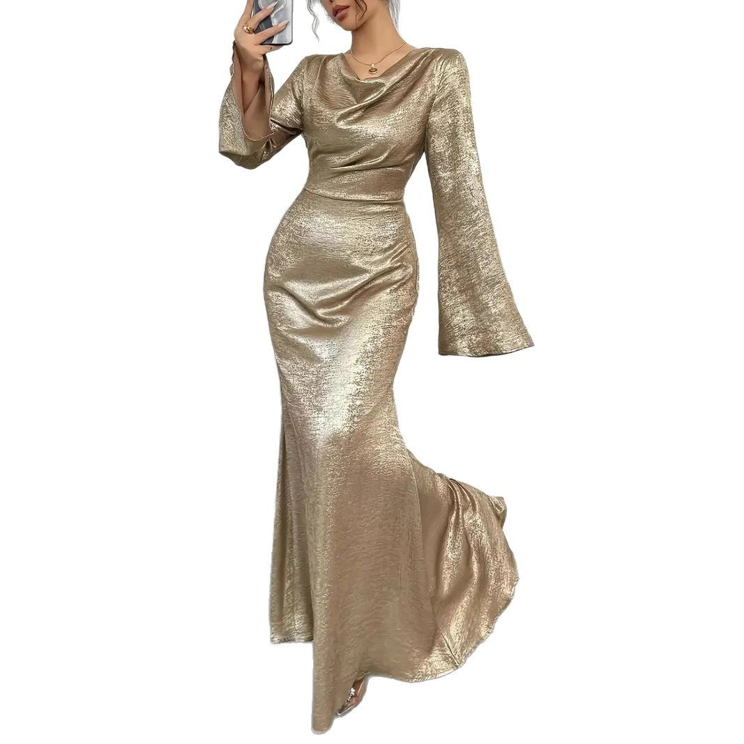 WEARSMARTII New Sexy Gold-dusted Evening Dress With Long Sleeves