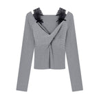 Fake Two-piece Lace-panel Off-shoulder Long-sleeve T-shirt