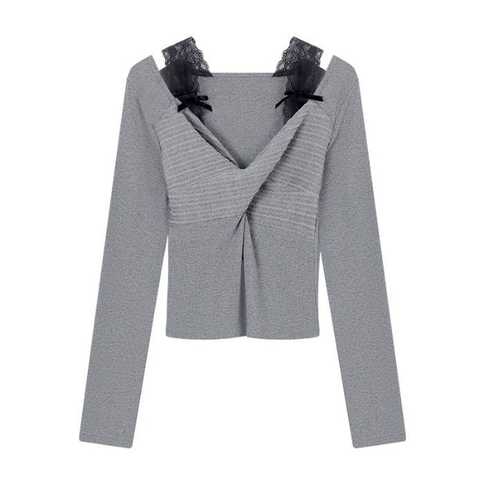 Fake Two-piece Lace-panel Off-shoulder Long-sleeve T-shirt