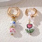 Wearsmartii Blue and White Porcelain Floral Pearl Earrings - Vintage Copper Clip-on Ear Clips