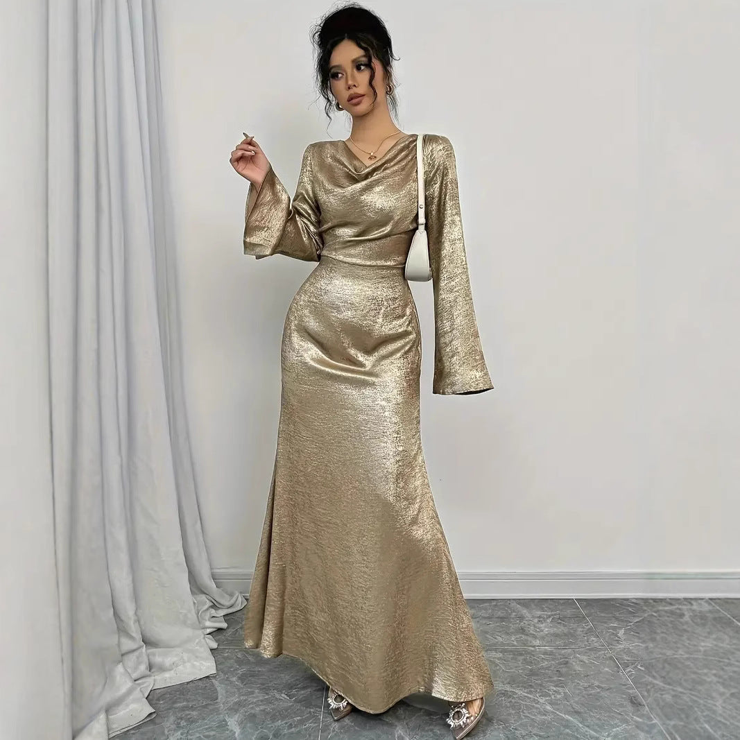 WEARSMARTII New Sexy Gold-dusted Evening Dress With Long Sleeves