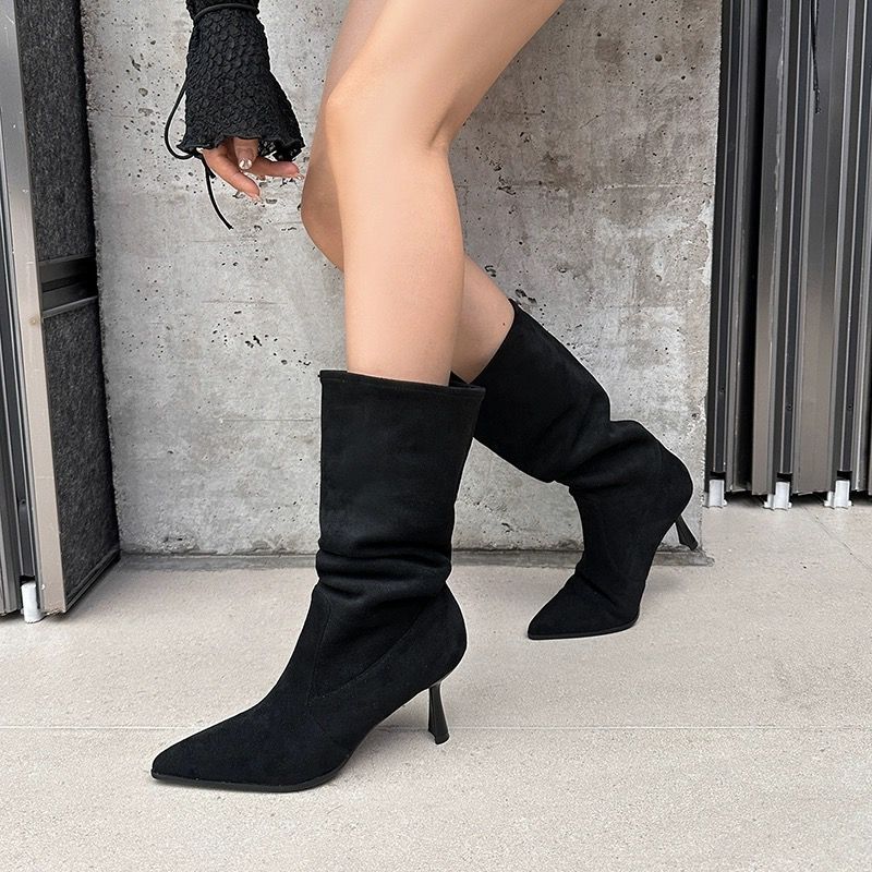 Versatile French Style Mid Calf Stiletto Booties