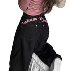 Letter-embroidered Printed High-waist Slimming Straight-leg Jeans