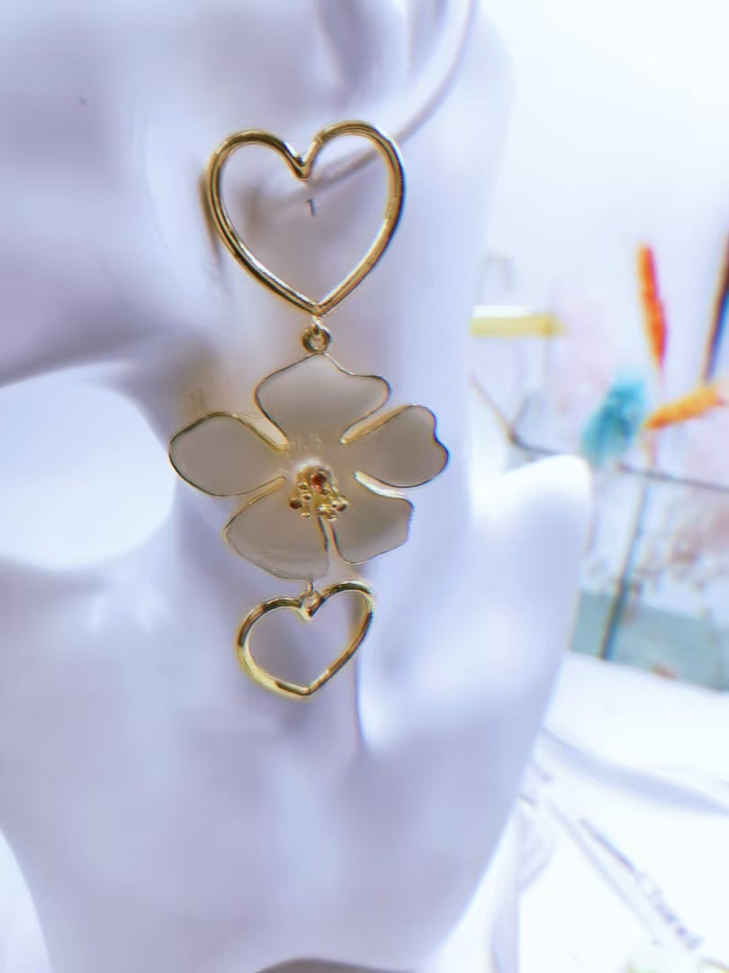 Wearsmartii Heart & Flower Double Layer Dangle Earrings - Elegant Floral Drop Jewellery for Women