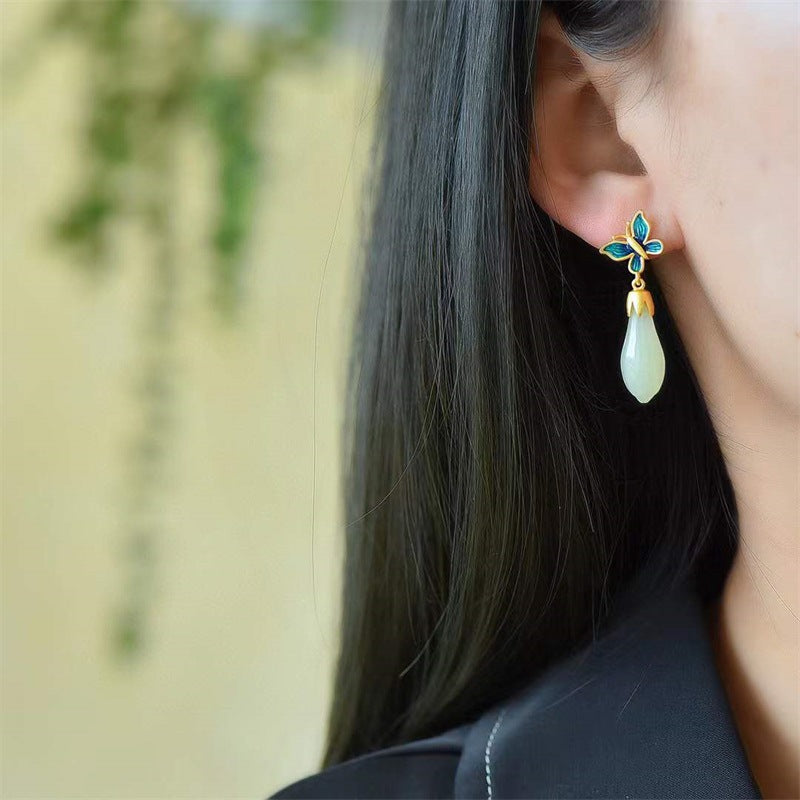 Wearsmartii Chinese-Style Retro Enamel Butterfly Stud Earrings - Vintage Chinoiserie Jewelry for Women