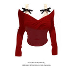 Fake Two-piece Lace-panel Off-shoulder Long-sleeve T-shirt