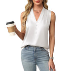 Womens Satin Button V-Neck Sleeveless Top