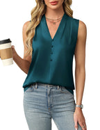 Womens Satin Button V-Neck Sleeveless Top