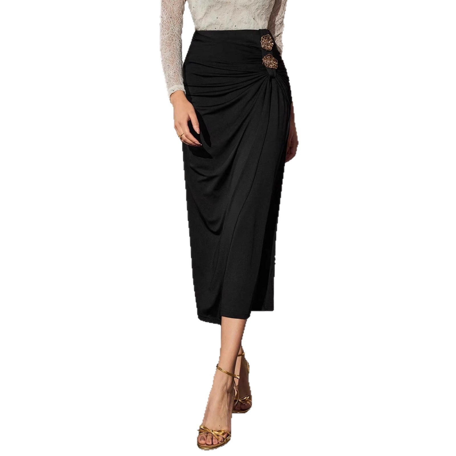 Womens Pleated Skirt With Rose Metal Buckle Detailing
