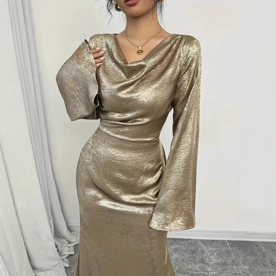WEARSMARTII New Sexy Gold-dusted Evening Dress With Long Sleeves
