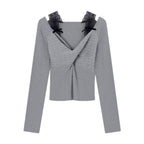 Fake Two-piece Lace-panel Off-shoulder Long-sleeve T-shirt