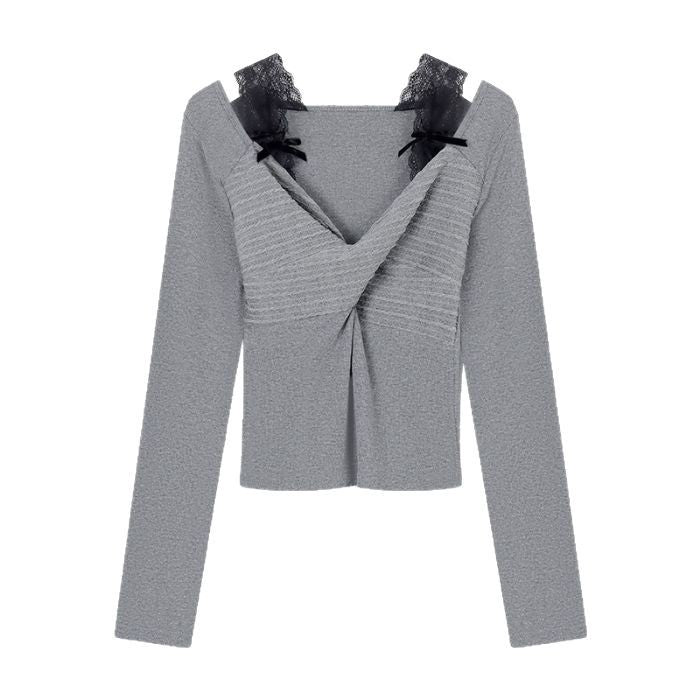 Fake Two-piece Lace-panel Off-shoulder Long-sleeve T-shirt