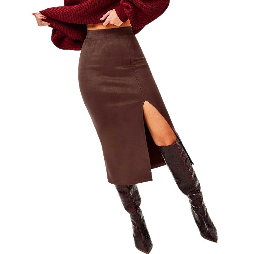 Mid-length Suede-look Skirt For Spring And Autumn