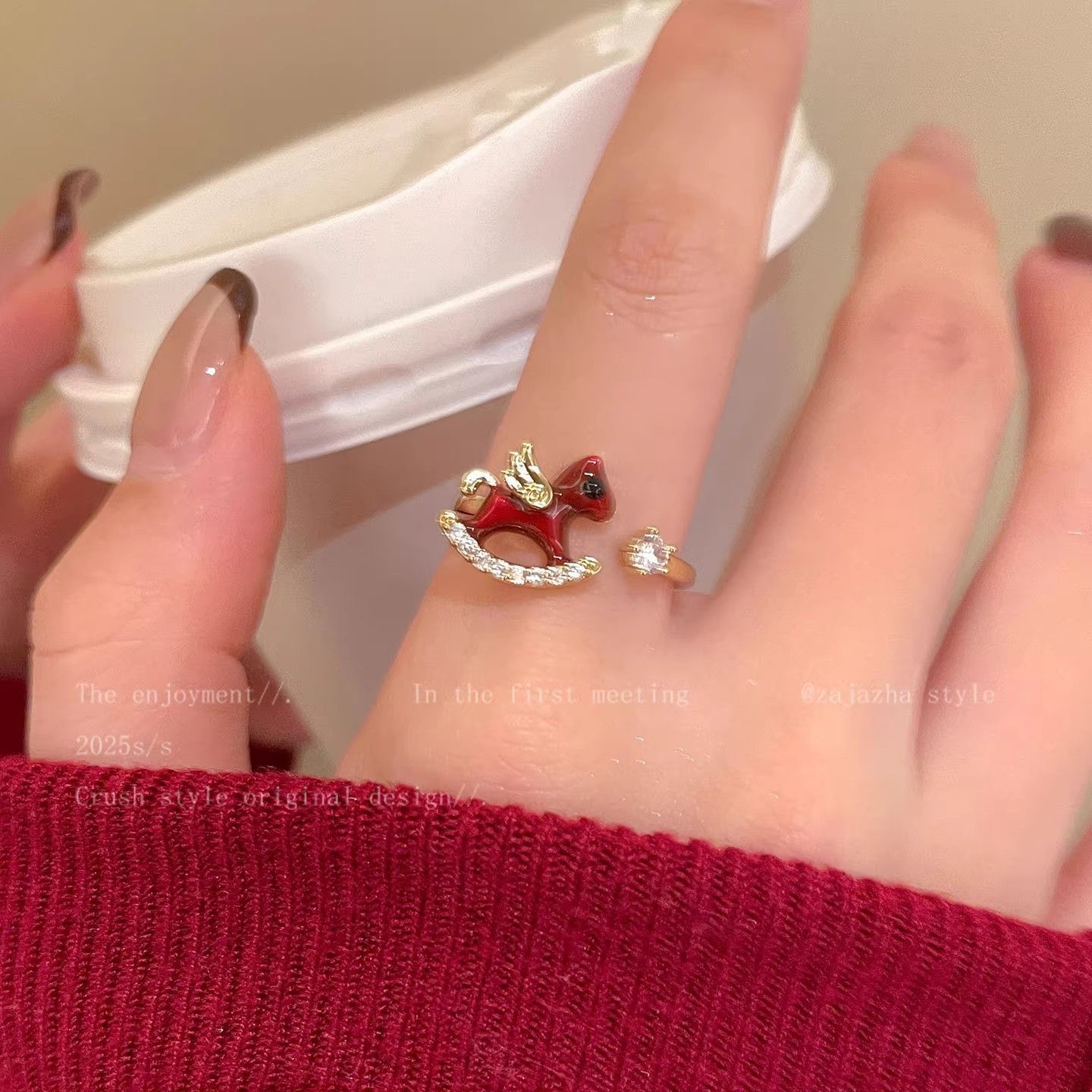 Wearsmartii Women'S Sweet Red Enamel Pony Ring With Sparkling Diamonds