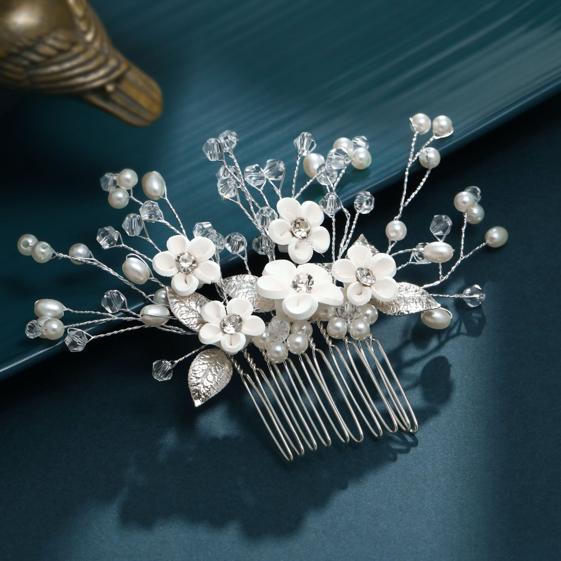 Wearsmartii Elegant Floral Leaf Pearl And Rhinestone Hair Comb For Weddings