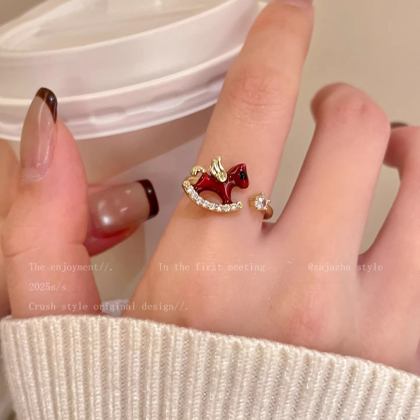 Wearsmartii Women'S Sweet Red Enamel Pony Ring With Sparkling Diamonds