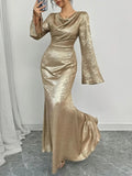 WEARSMARTII New Sexy Gold-dusted Evening Dress With Long Sleeves