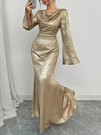 WEARSMARTII New Sexy Gold-dusted Evening Dress With Long Sleeves
