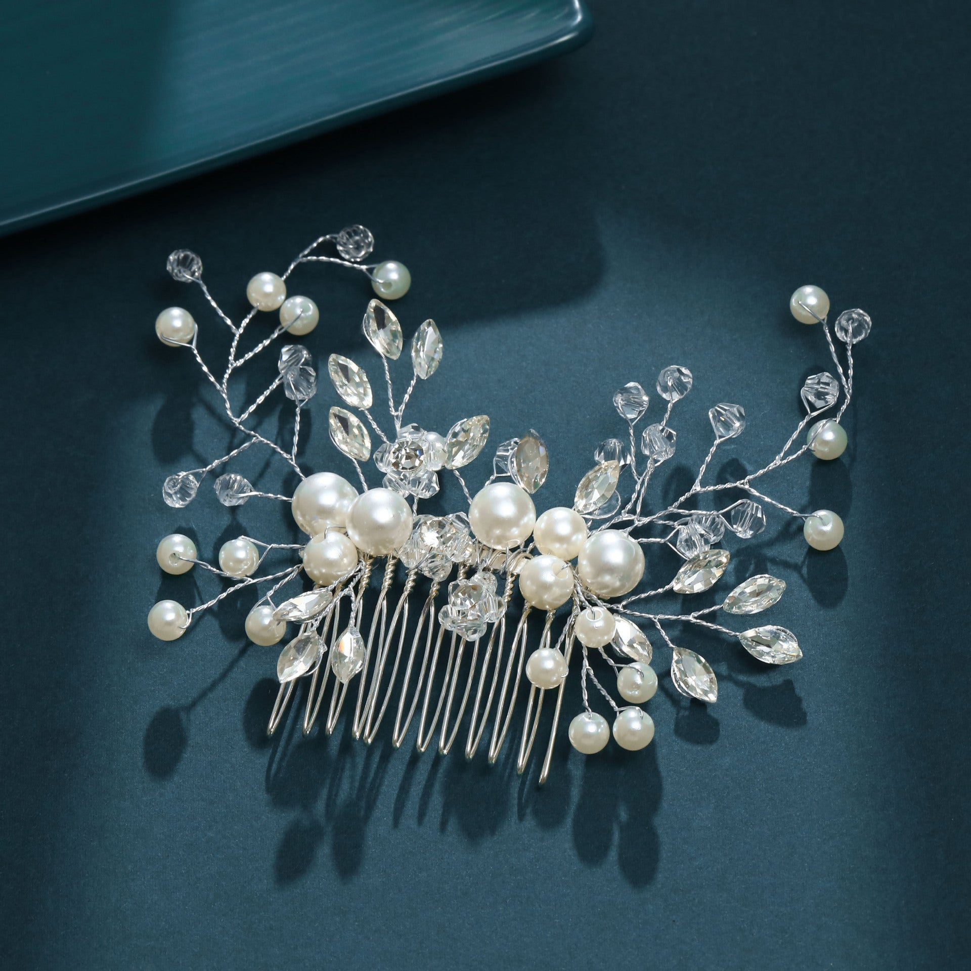 Wearsmartii Elegant Floral Leaf Pearl And Rhinestone Hair Comb For Weddings