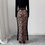 Womens Leopard-Print Patchwork High-Waist Bodycon Split Skirt