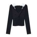 Fake Two-piece Lace-panel Off-shoulder Long-sleeve T-shirt