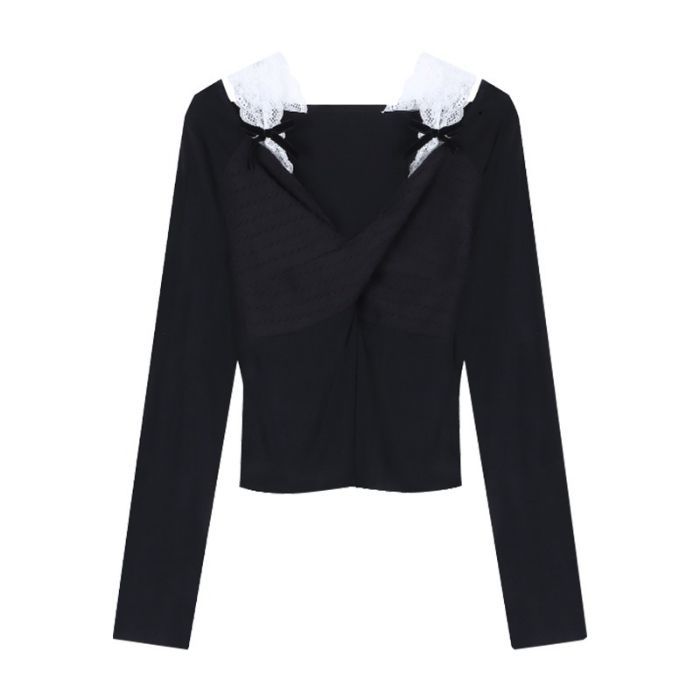 Fake Two-piece Lace-panel Off-shoulder Long-sleeve T-shirt