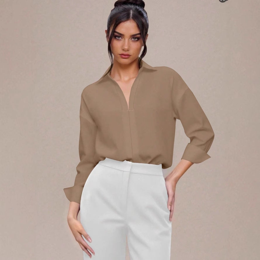 Womens Slim-fit Mandarin-collar Three-quarter-sleeve Shirt