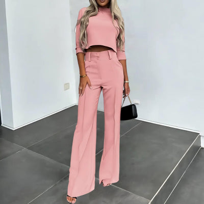 Women's Clothing Solid Color Commute Graceful Half Sleeve Midriff-baring Top High Waist Wide Leg Pants Suit