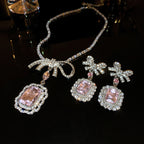 Wearsmartii Zircon Square Bow Necklace Earring Set