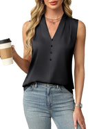 Womens Satin Button V-Neck Sleeveless Top