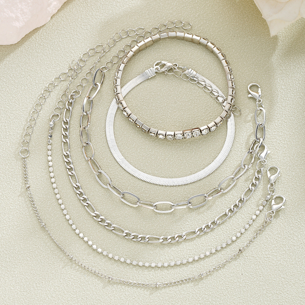 Zircon-inlaid Snake Chain Bracelet Set