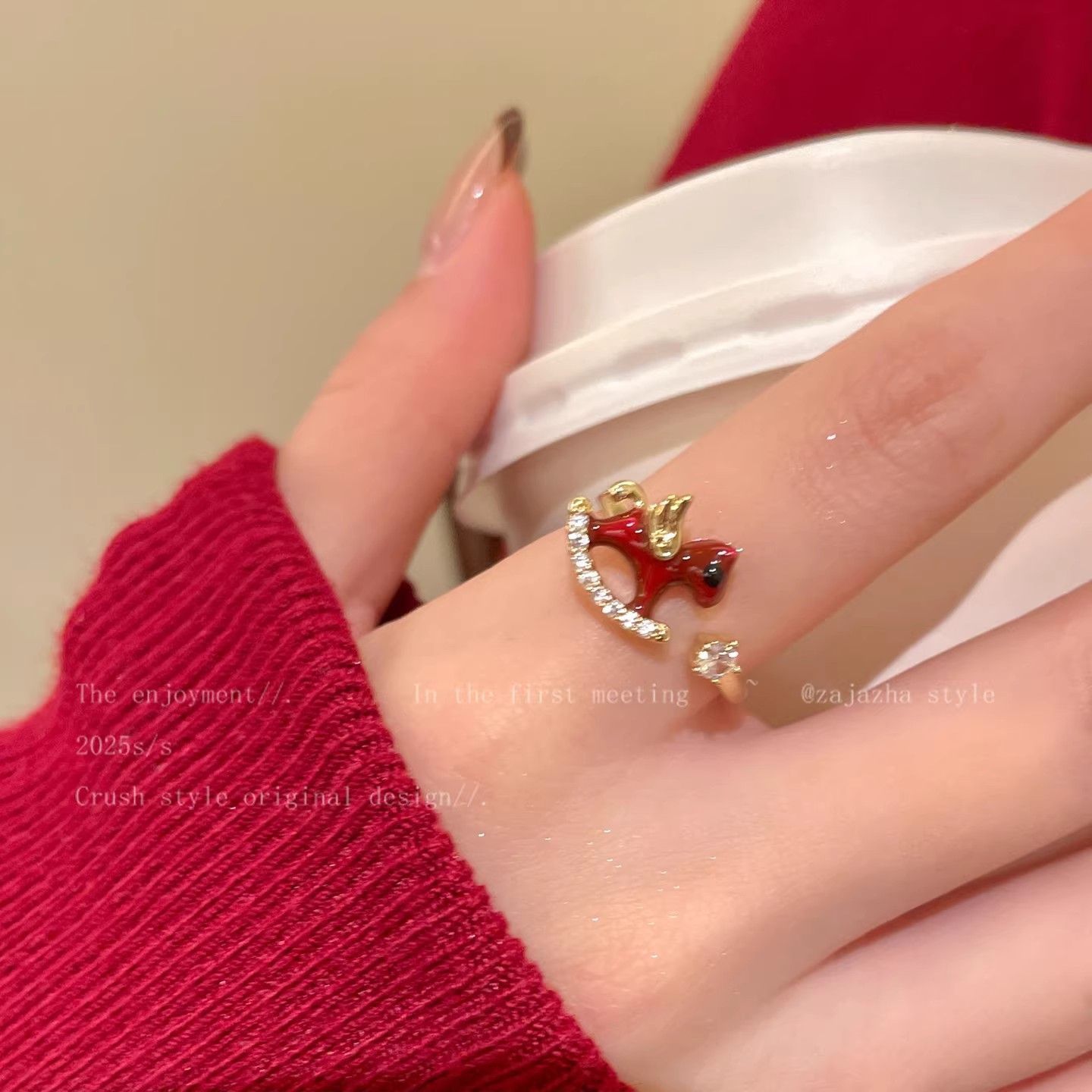 Wearsmartii Women'S Sweet Red Enamel Pony Ring With Sparkling Diamonds