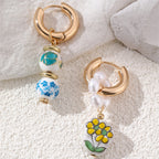 Wearsmartii Blue and White Porcelain Floral Pearl Earrings - Vintage Copper Clip-on Ear Clips