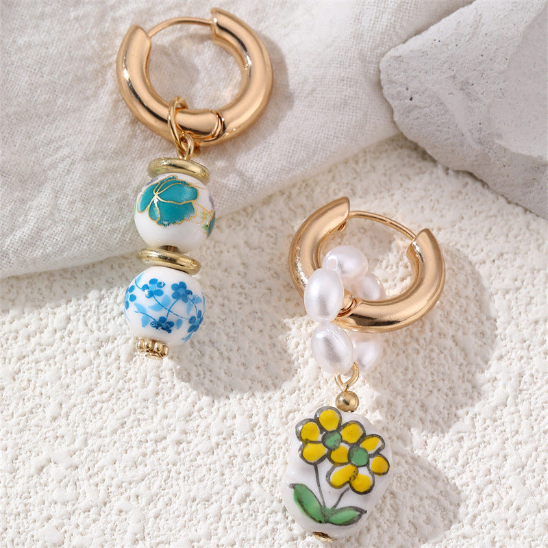 Wearsmartii Blue and White Porcelain Floral Pearl Earrings - Vintage Copper Clip-on Ear Clips