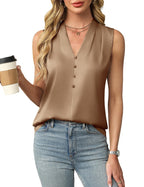 Womens Satin Button V-Neck Sleeveless Top