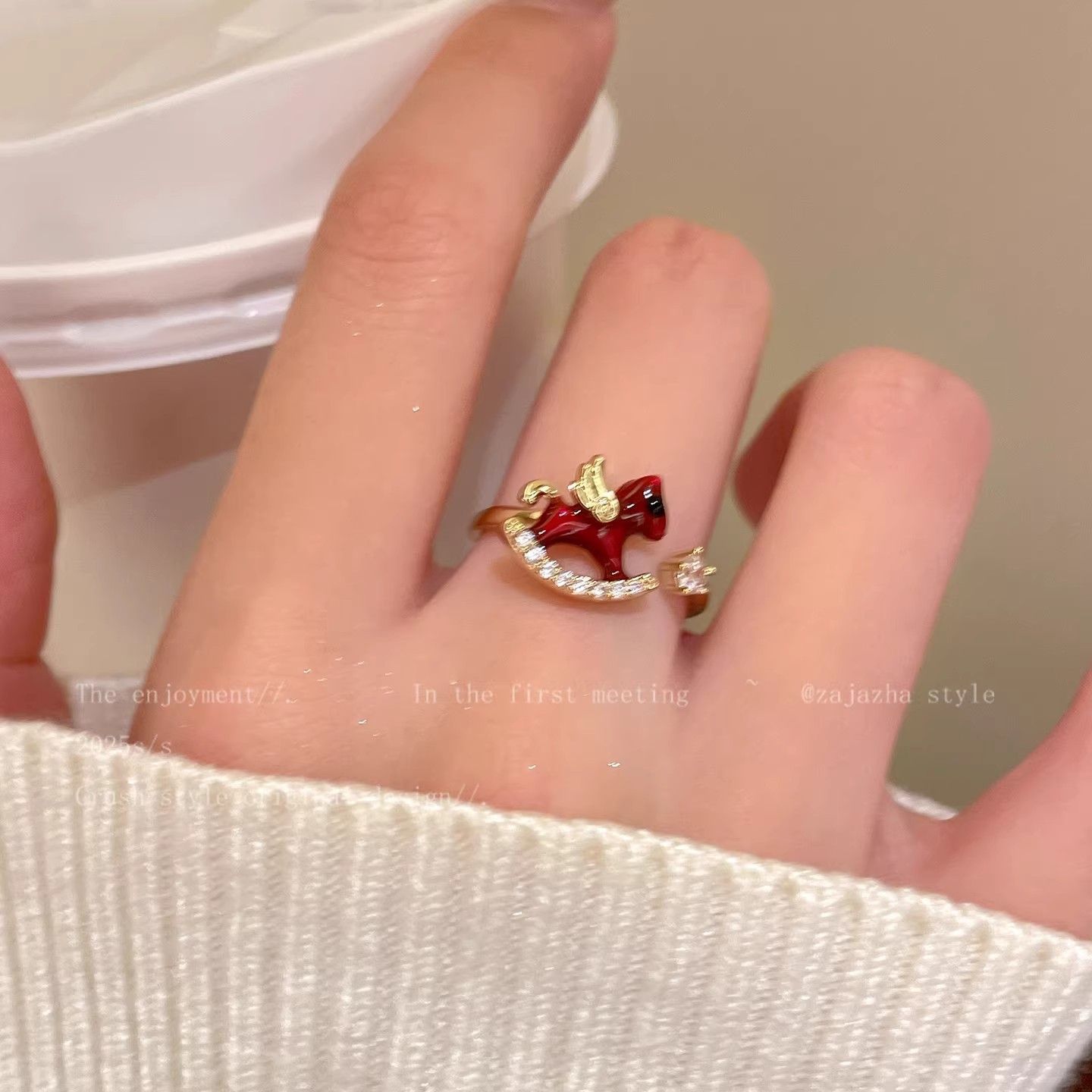 Wearsmartii Women'S Sweet Red Enamel Pony Ring With Sparkling Diamonds