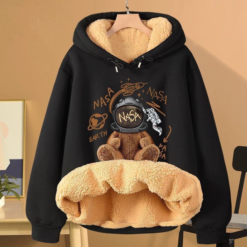 Extra Thick Lambswool Hooded Sweatshirt For Women Fleece Lined And Loose Fitting