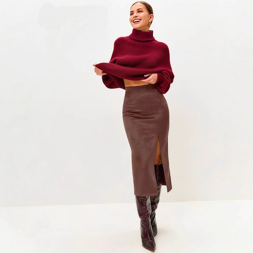 Mid-length Suede-look Skirt For Spring And Autumn