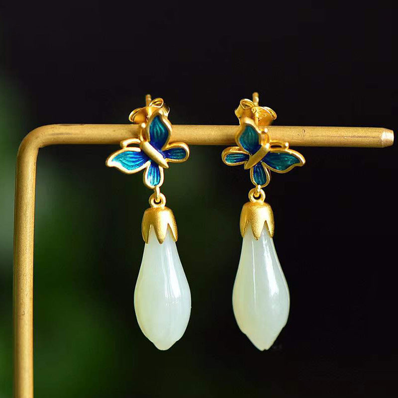 Wearsmartii Chinese-Style Retro Enamel Butterfly Stud Earrings - Vintage Chinoiserie Jewelry for Women