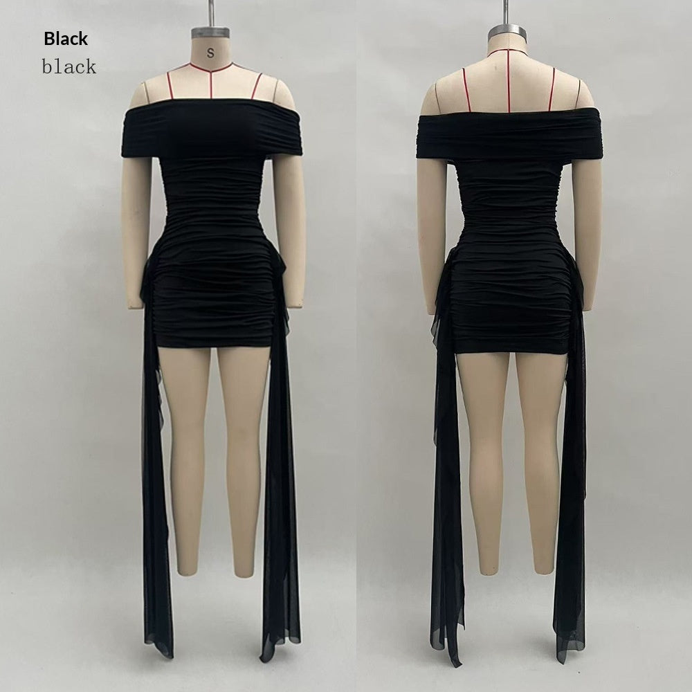 Off-the-shoulder Pleated Flowing Ribbon-fit Mini Dress