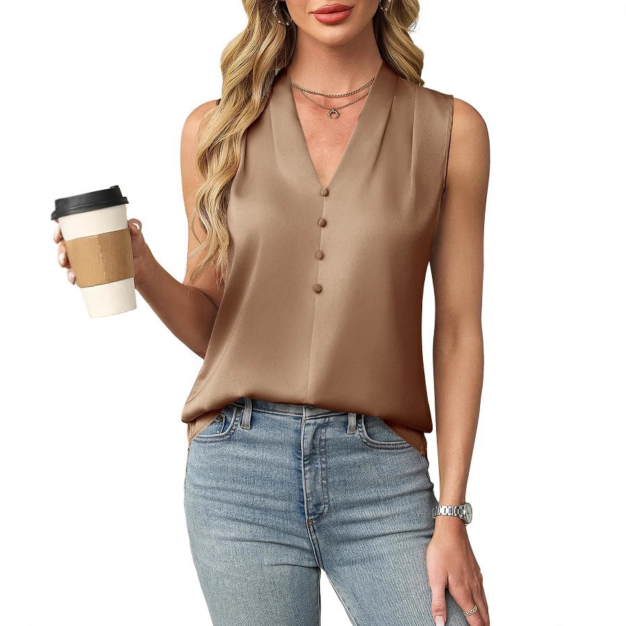Womens Satin Button V-Neck Sleeveless Top